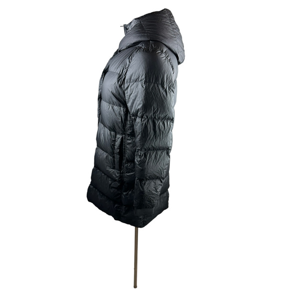Athleta Lofty Down Coat Goose Down Black Puffer Hooded Puffy Long Coat Medium - Picture 5 of 16